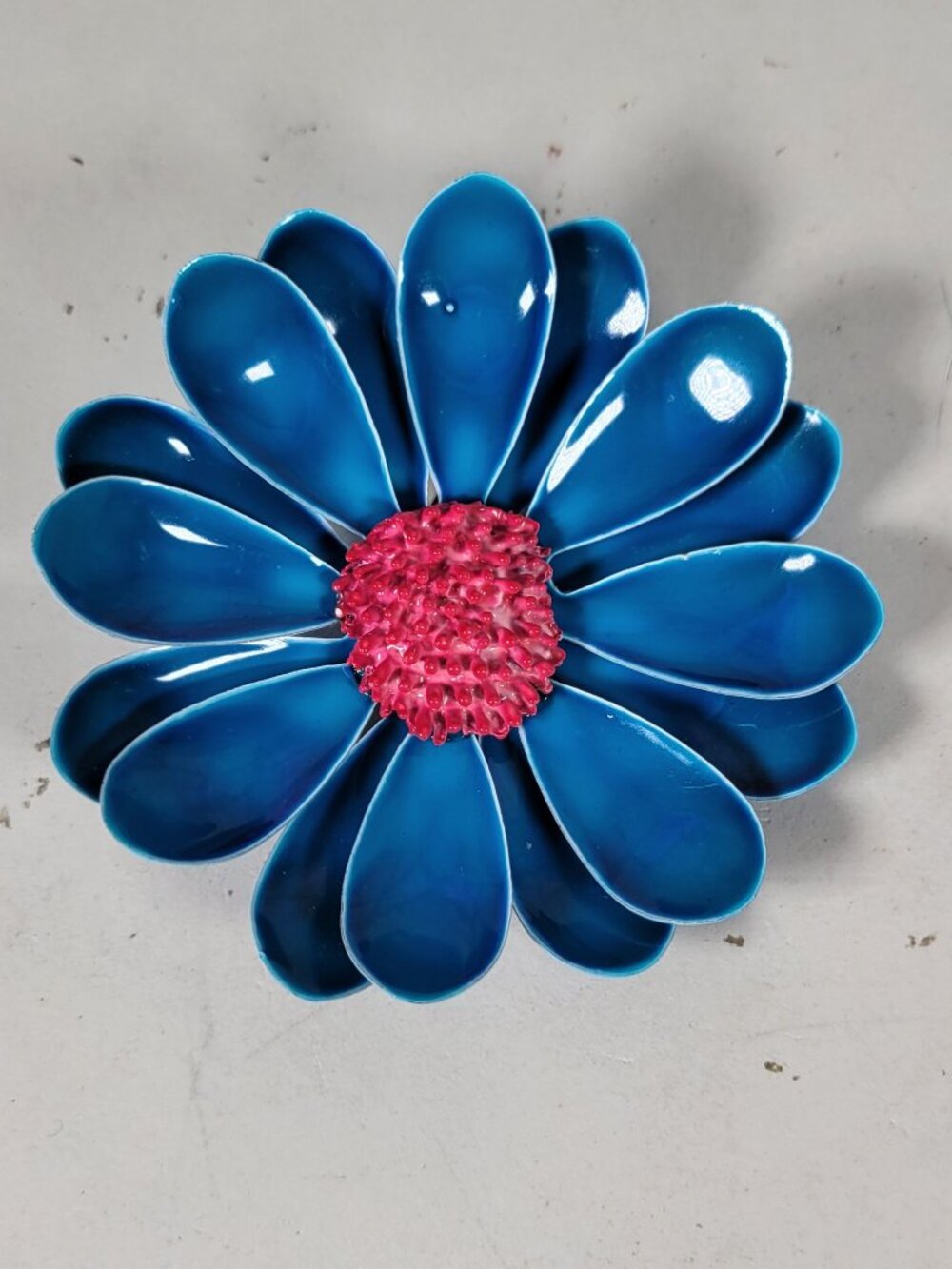 Vintage MCM Flower Power Enamel Brooch Vibrant Blue Petals and Bright Pink Cente